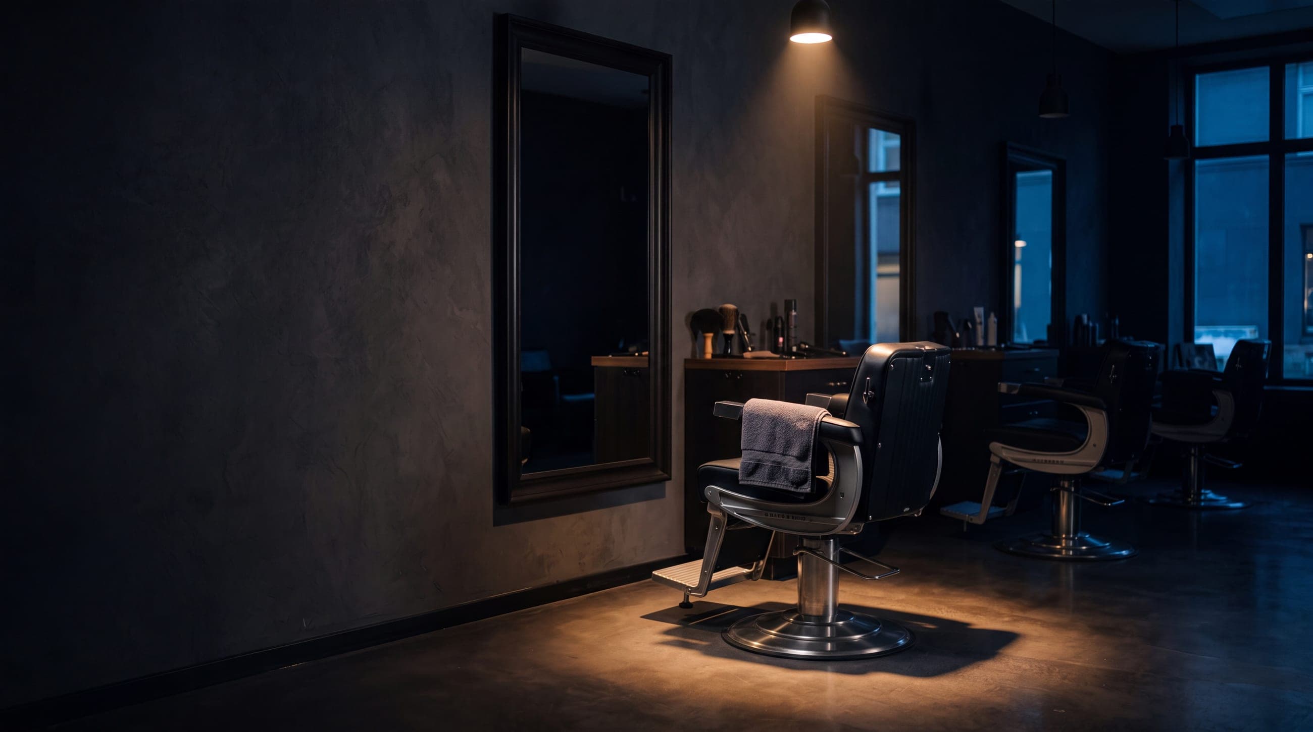 A salon owner checks her phone at the front desk while a stylist works with a client behind her.